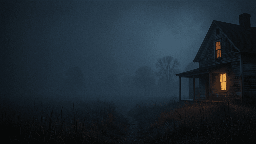 A distant farmhouse with warm windows beyond a foggy field at night